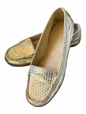 AEROSOLES Gold Metallic Croc Embossed Loafers 6 Driving Mocs Flat Shoes Comfort
